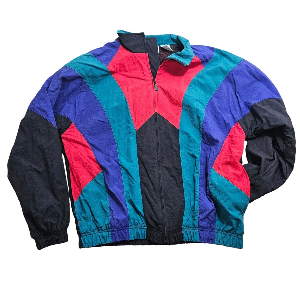 Reebok Windbreaker Jacket L Multicolor Vintage 90s Colorblock Mesh Lined Zip